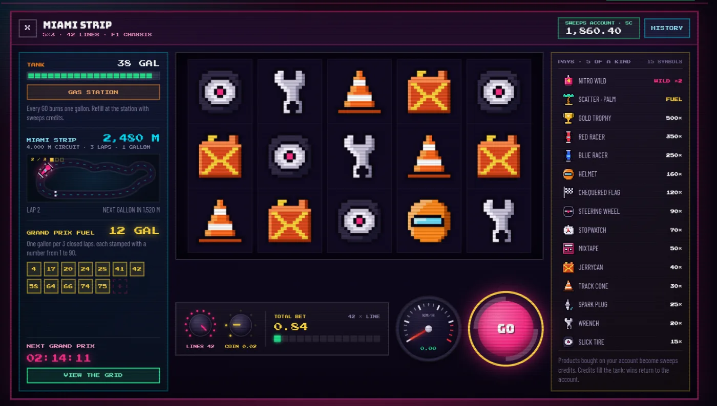 The Nitro Circuit cabinet: a five by three reel window of pixel-art symbols, a fuel tank and lap map on the left, a fifteen-symbol paytable on the right, and a pink GO button.