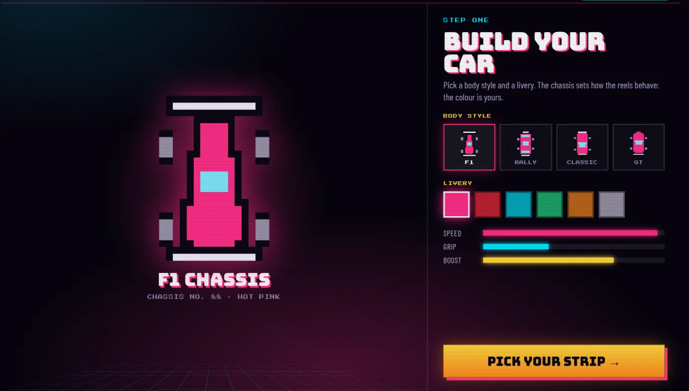 The car builder: a pink pixel-art F1 chassis on a neon grid, with body-style and livery pickers and speed, grip and boost bars.