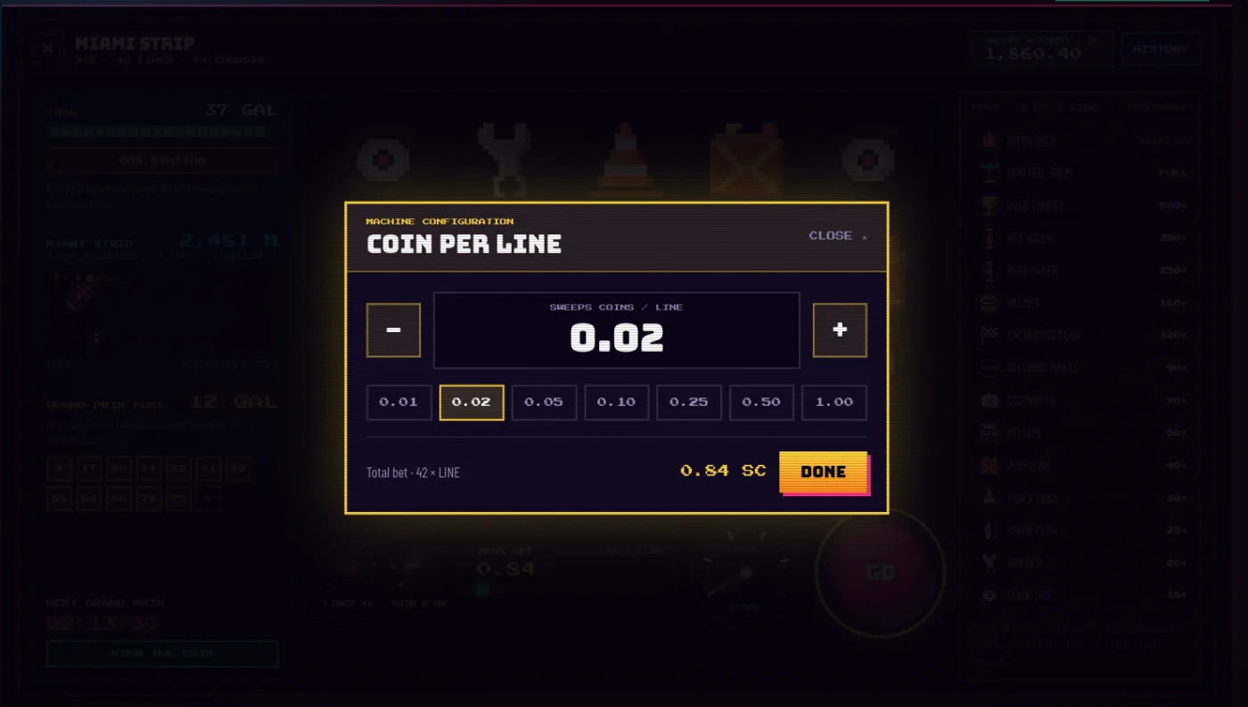 The coin-per-line dialog: 0.02 selected from a row running 0.01 to 1.00 sweeps coins, with the resulting total bet shown below.
