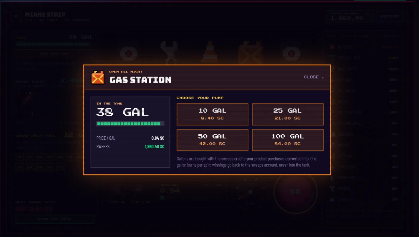 The gas station dialog: four pumps offering 10, 25, 50 or 100 gallons priced in sweeps credits, beside the current tank level.