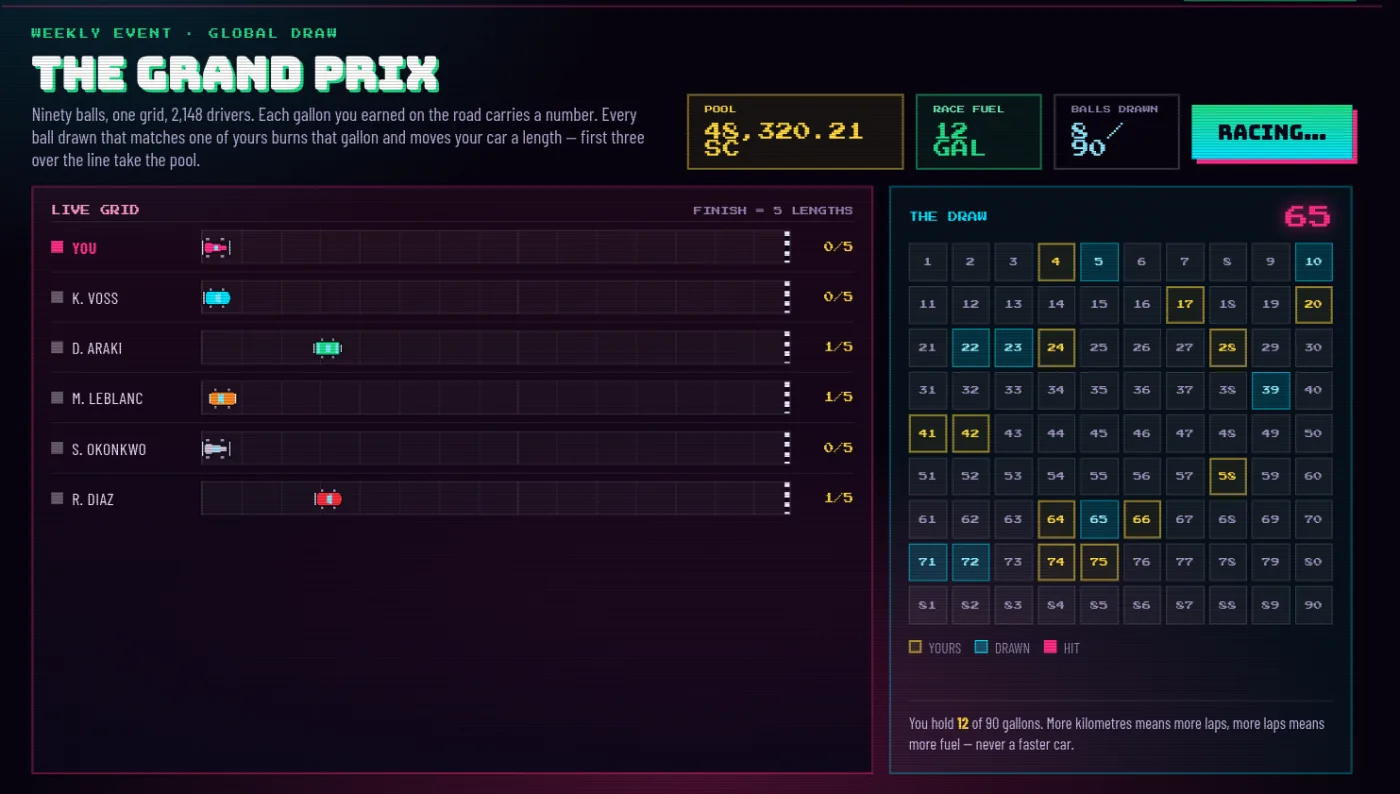 The Grand Prix screen: six drivers on a live grid, a ninety-number draw board with drawn and held numbers marked, and the prize pool above.