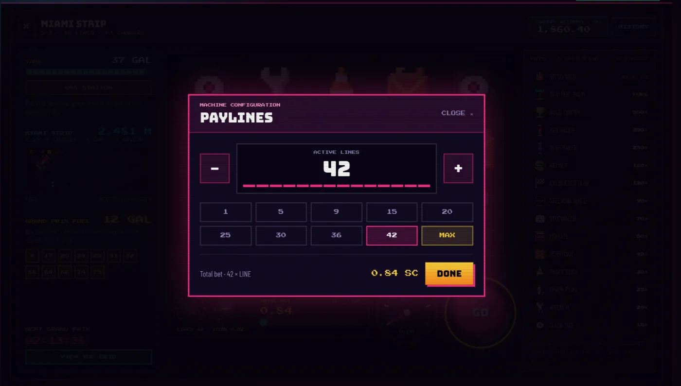 The paylines dialog: a large 42 above preset buttons from 1 to 42 and a MAX button, with the resulting total bet shown below.