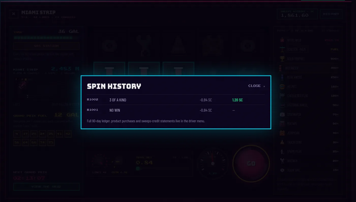 The spin history dialog listing recent spins with their tag, stake and payout.