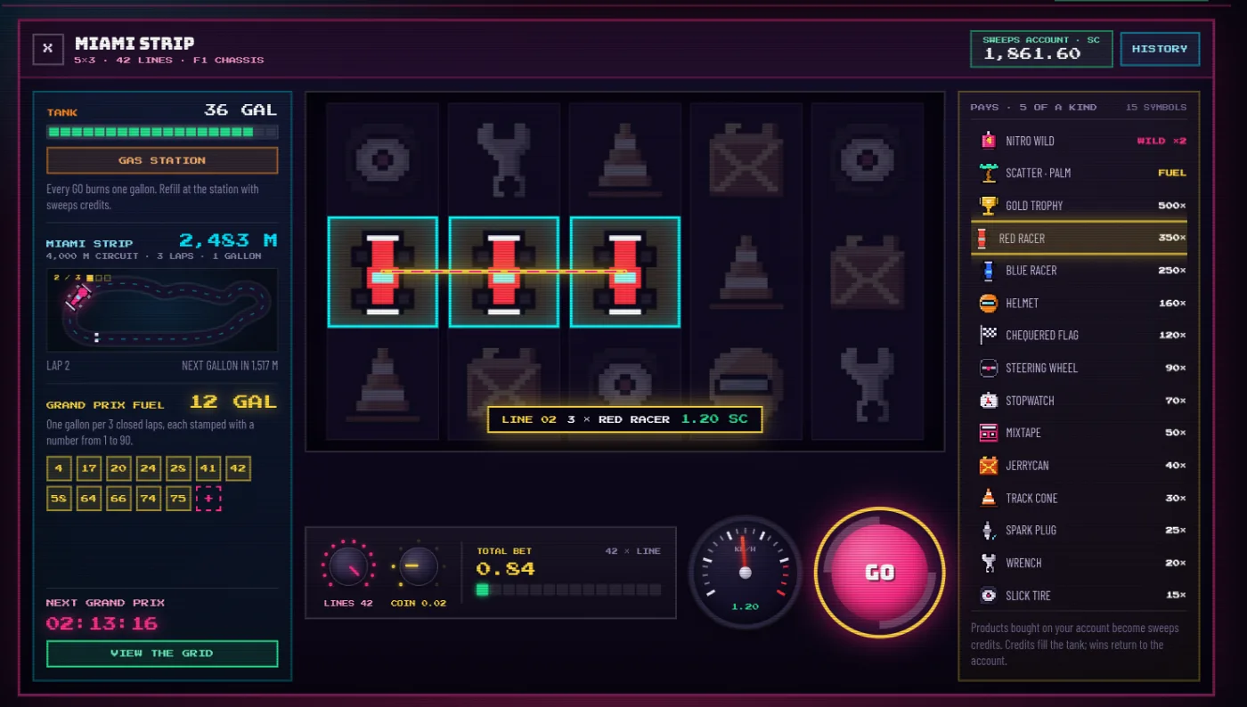 A winning spin: three red racer symbols lit across the middle row, the losing cells dimmed, and a callout reading LINE 02, 3 × RED RACER, 1.20 SC.